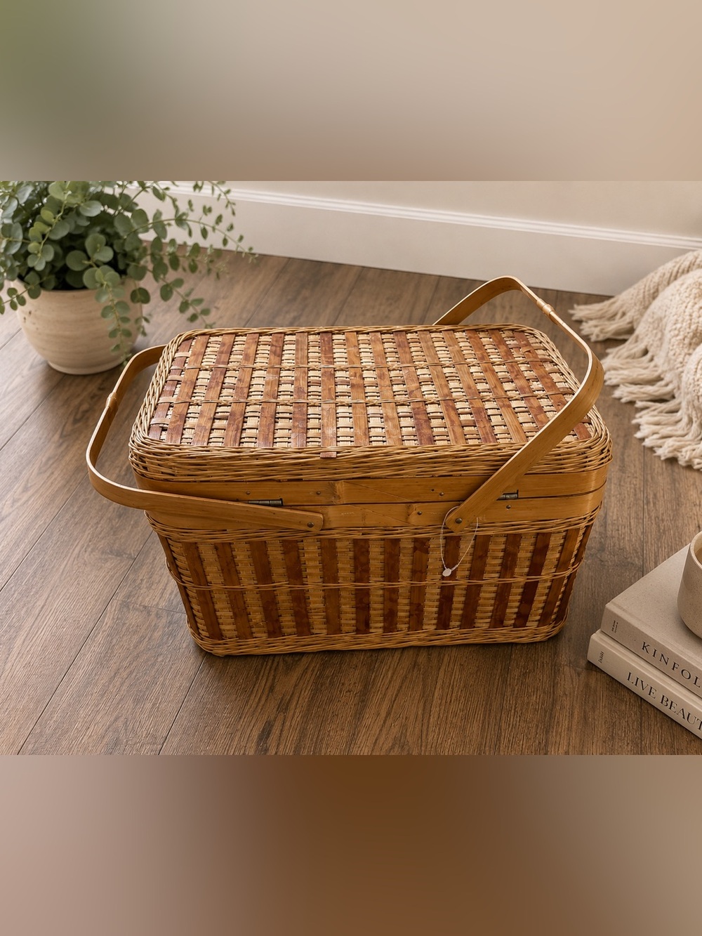 Vintage Antique Woven Picnic Basket in Natural and Brown